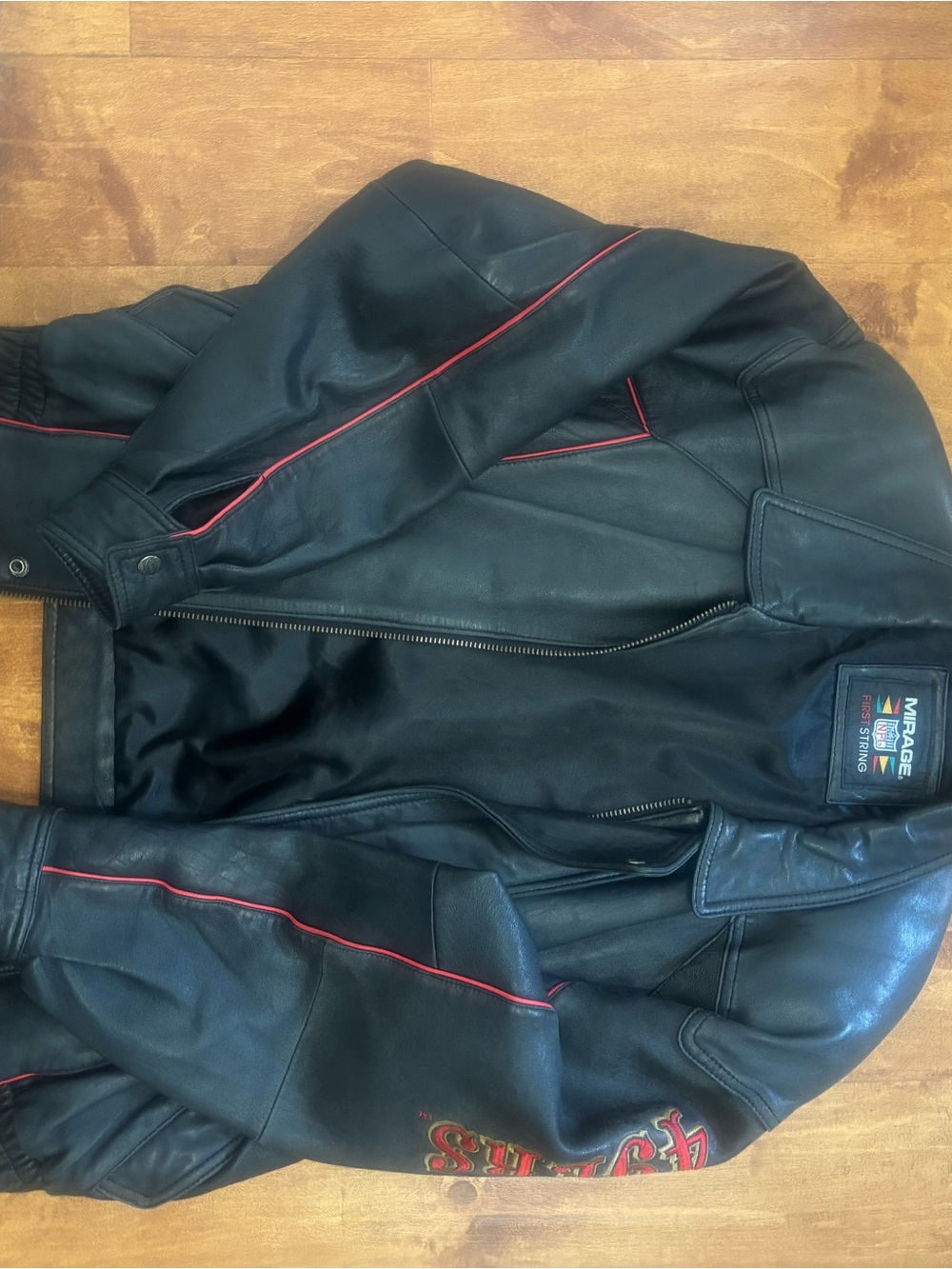 Mirage Black Leather Bomber Jacket with Red Piping